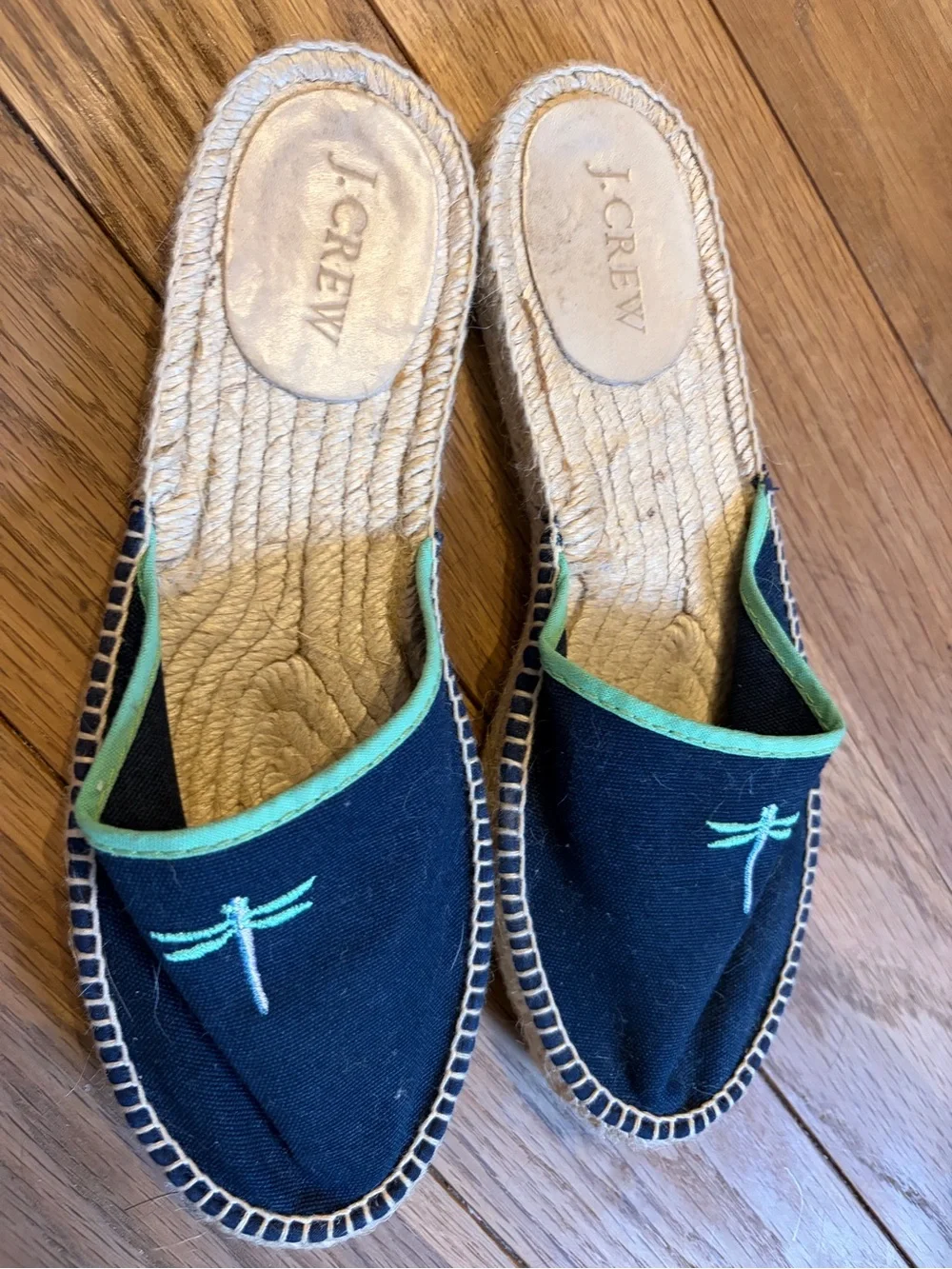 J. Crew Black Canvas Espadrille Mules with Green Trim & Dragonfly Embroidery